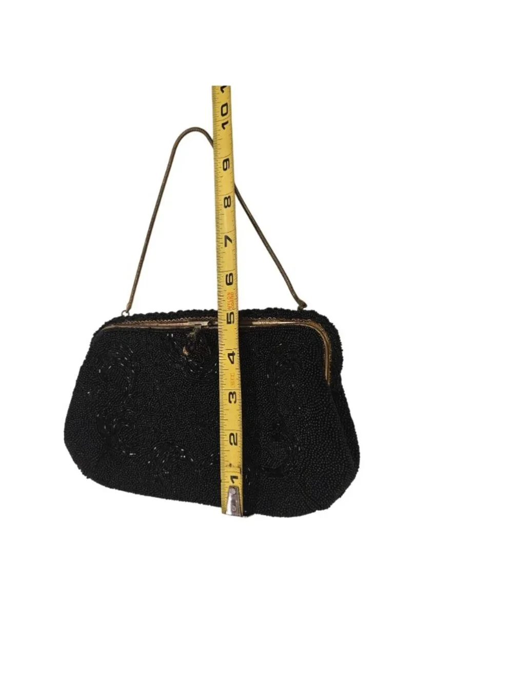 Vintage 1930's Black Seed-Beaded Scrollwork Evening Bag Hand Made in France Gold